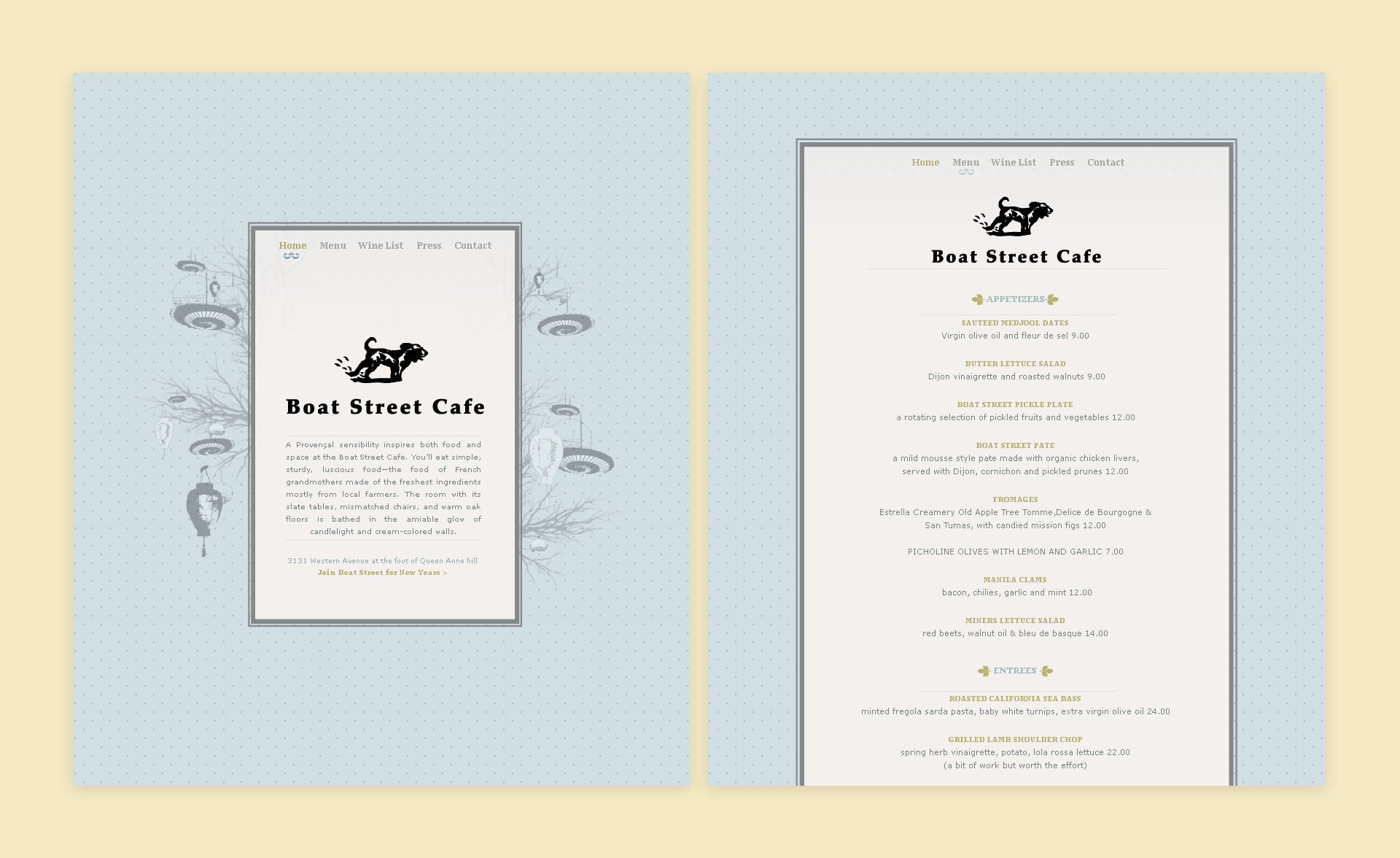 Boat Street Cafe Website Homepage and Menu